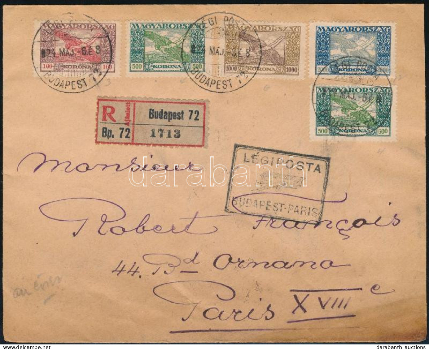 1924 Ajánlott Légi Levél Párizsba / Registered Airmail Cover To Paris - Autres & Non Classés
