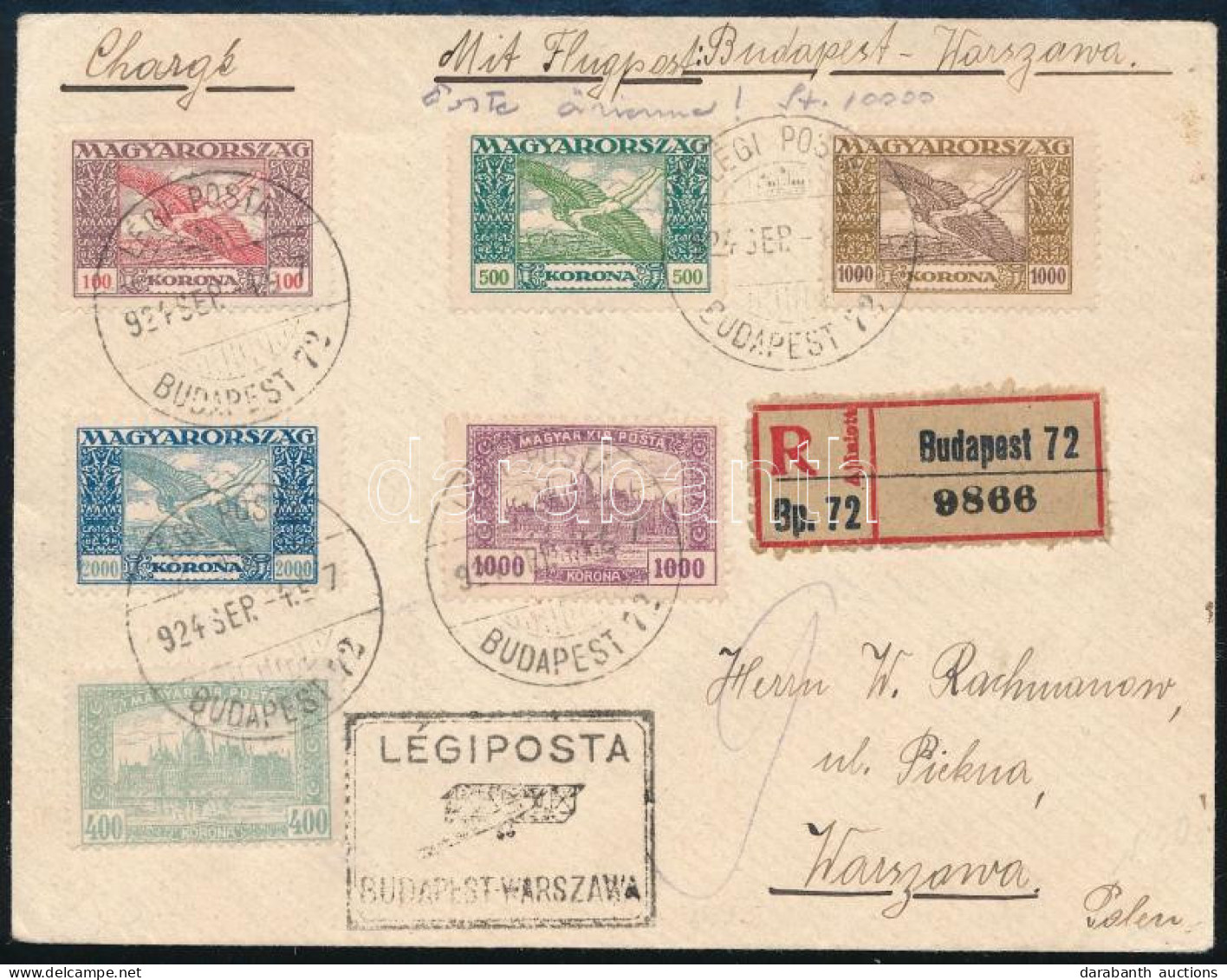 1924 Ajánlott Légi Levél Varsóba / Registered Airmail Cover To Warsaw - Sonstige & Ohne Zuordnung