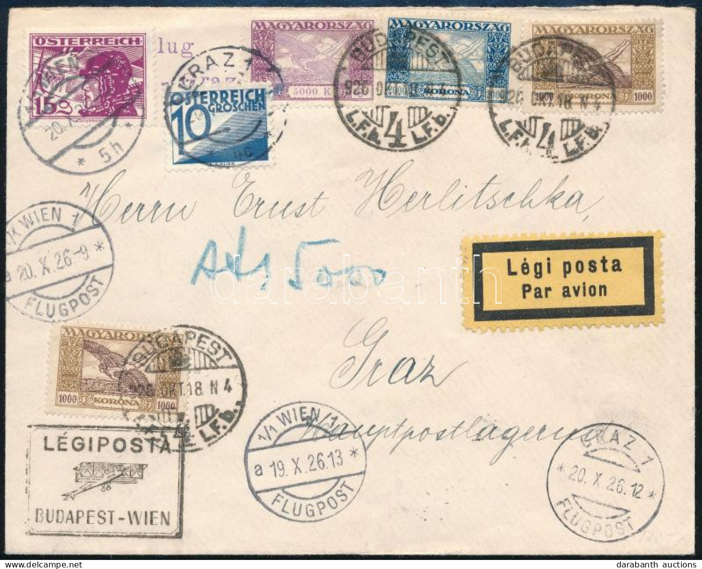 1925 Légi Levél Bécsen Keresztül Grazba, Bécsben Kiegészítő Bérmnetesítéssel (?), Grazban Portózva / Airmail Cover To Gr - Otros & Sin Clasificación
