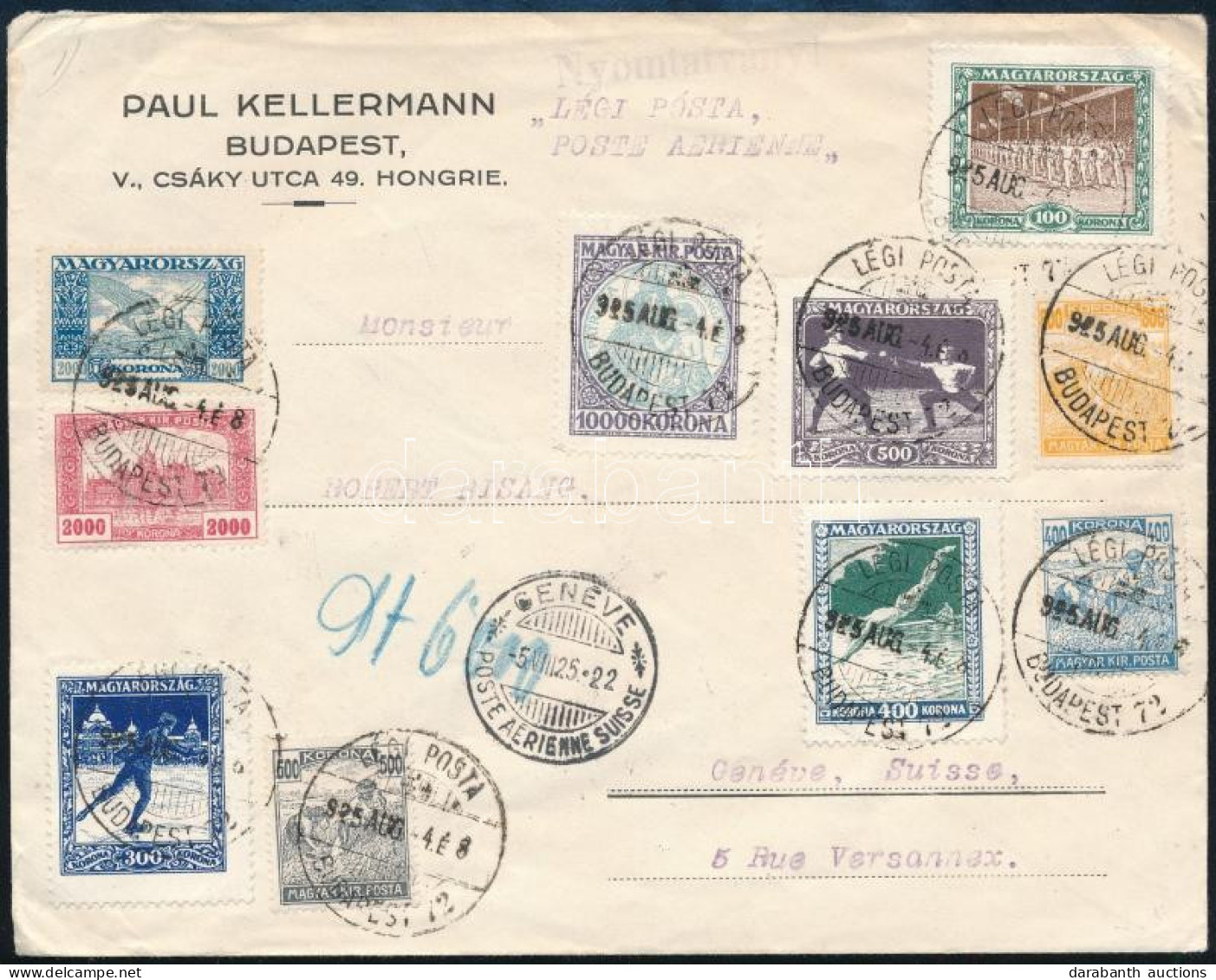 1925 Légi Nyomtatvány Svájcba Sport Bélyegekkel és Kiegészítéssel / Airmail Printed Matter To Switzerland - Altri & Non Classificati