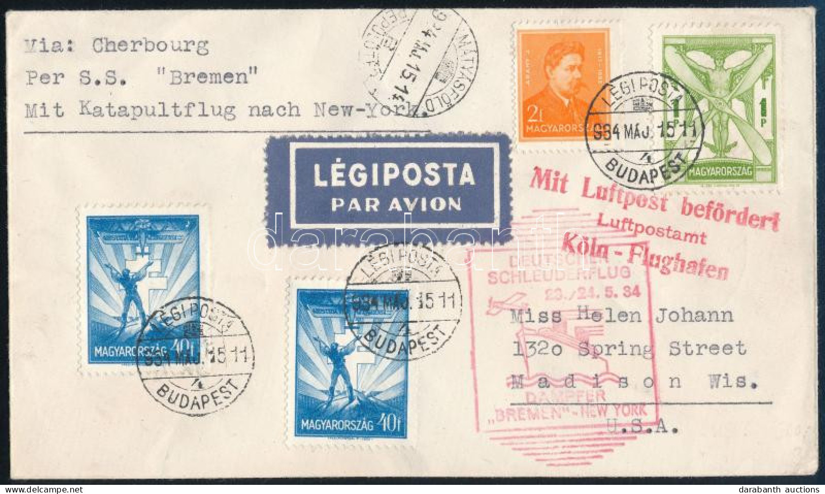 1934 Katapult Légi Levél 1,82P Bérmentesítéssel A Bremen Hajóval Az Egyesült Államokba / Catapult Cover On The Bremen Sh - Sonstige & Ohne Zuordnung