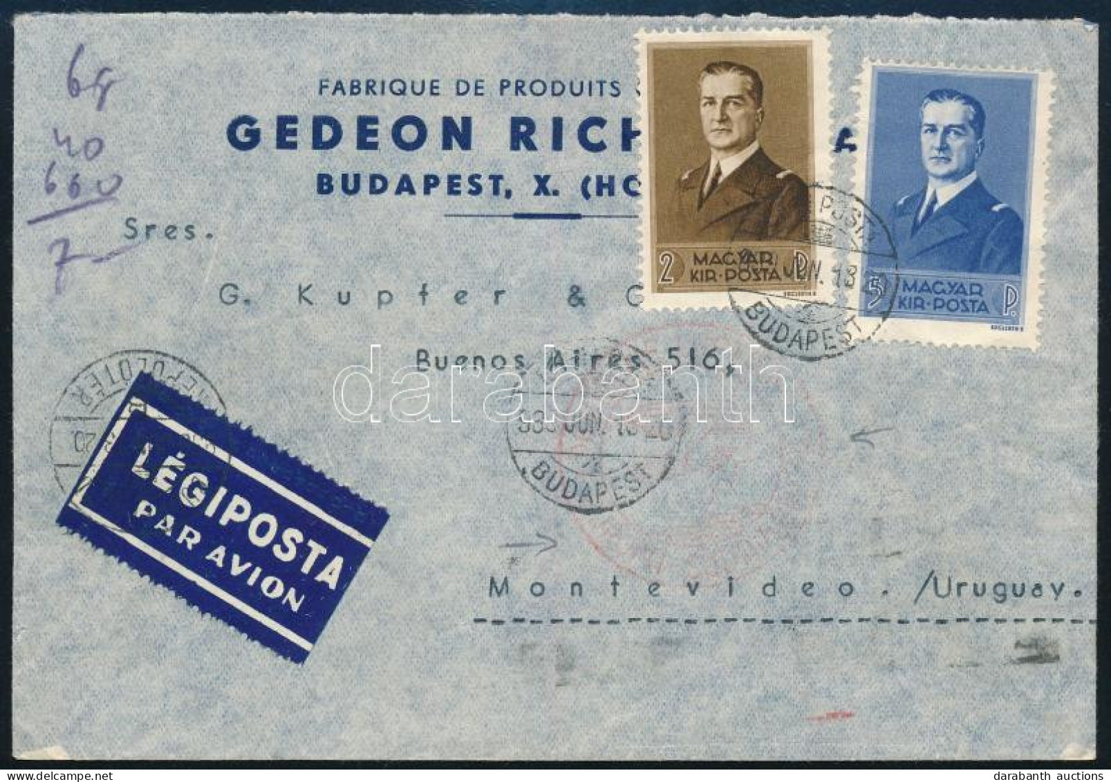 1939 Légi Levélen Kormányzói Arcképsor 2P és 5P, Budapestről Uruguayba Küldve / Airmail Cover From Budapest To Montevide - Other & Unclassified