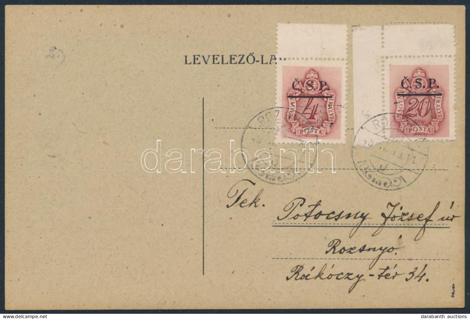 Rozsnyó 1945 Helyi Portózott Levelezőlap / Local Postcard With Postage Due Stamps. Signed: Bodor - Other & Unclassified