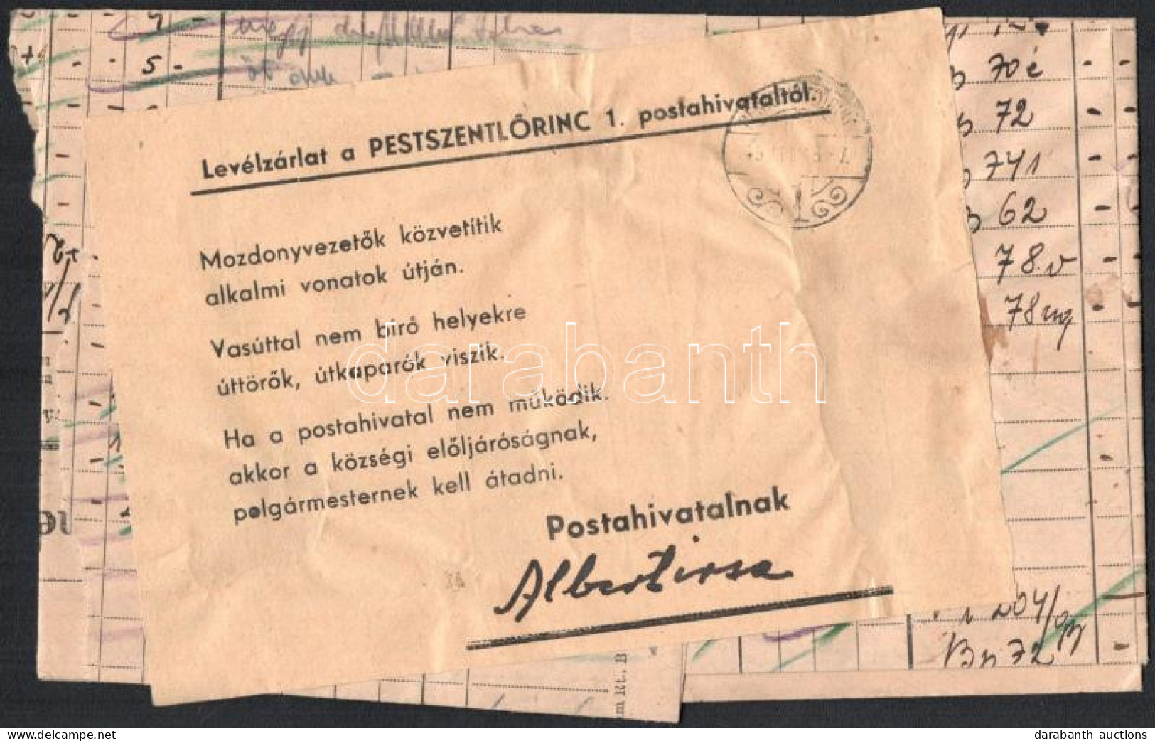 1945.03.13. Levélzárlat A Pestszentlőrinci Postahivataltól (úttőrök Elírással A Szövegben) Albertirsára, Dokumentummal / - Autres & Non Classés