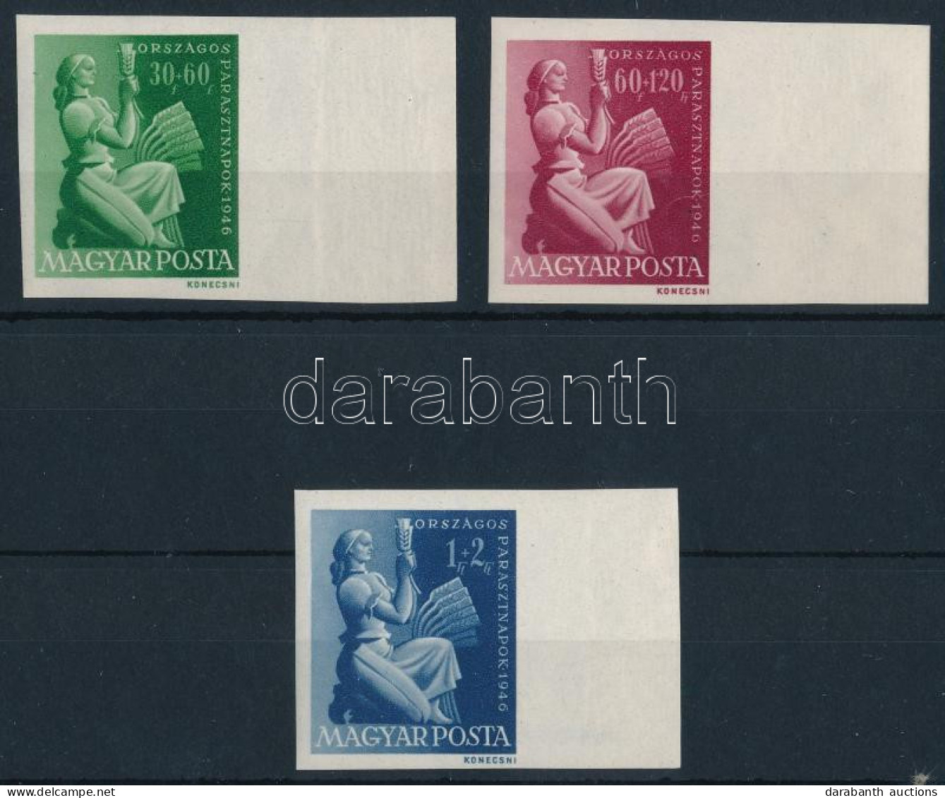 ** 1946 Parasztnapok ívszéli Vágott Sor (80.000) (ráncok) / Mi 960-962 Imperforate Margin Set (creases) - Altri & Non Classificati