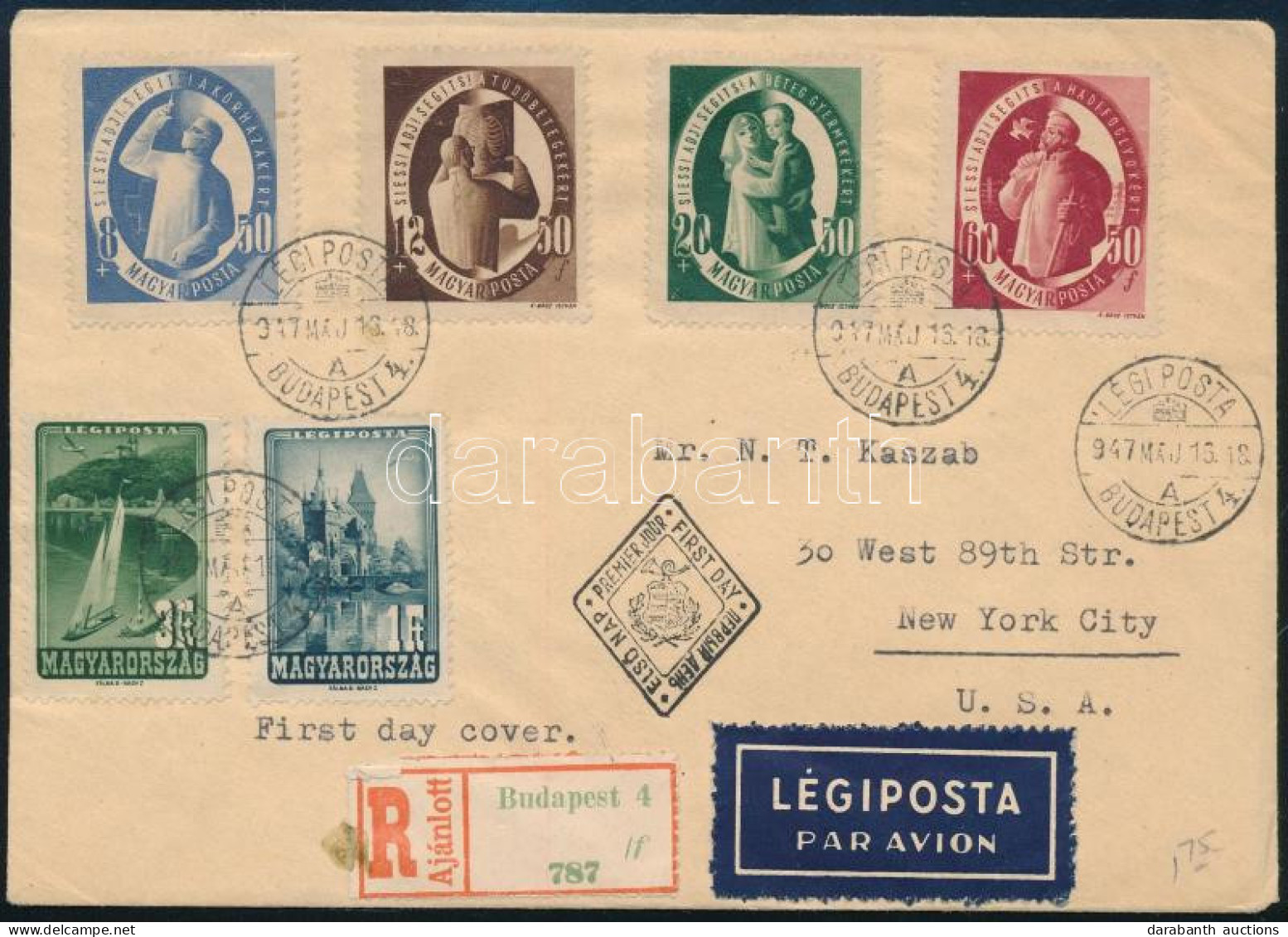 1947 S.A.S. Sor Ajánlott Légi FDC-n, Repülő 3Ft és 1Ft Kiegészítéssel New Yorkba Küldve (50.000++) / Mi 981-984 On Regis - Autres & Non Classés