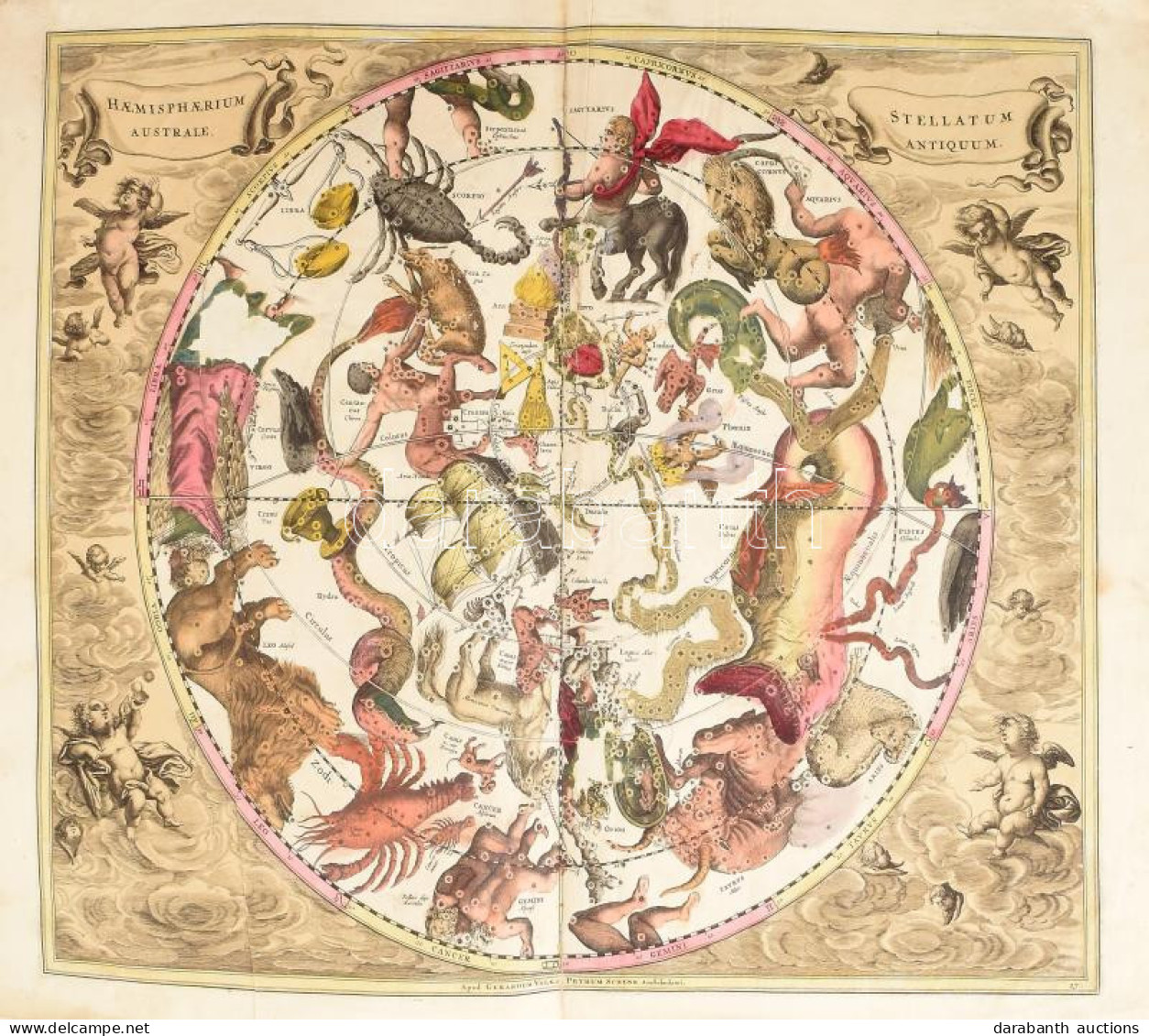 Andreas Cellarius (1596-1665) Haemispharium Stellatum Australe Antiquum - Az ókori Déli Csillagfélteke. Színezett Rézmet - Altri & Non Classificati
