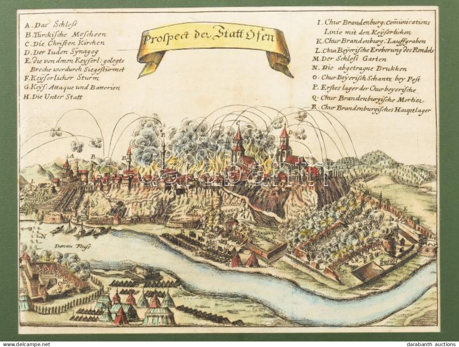 Buda és Pest Rézmetszetű, Színezett Látképe. Buda 1686-os Ostromának ábrázolása.  Címe A Kép Feletti Szószalagon: Prospe - Andere & Zonder Classificatie