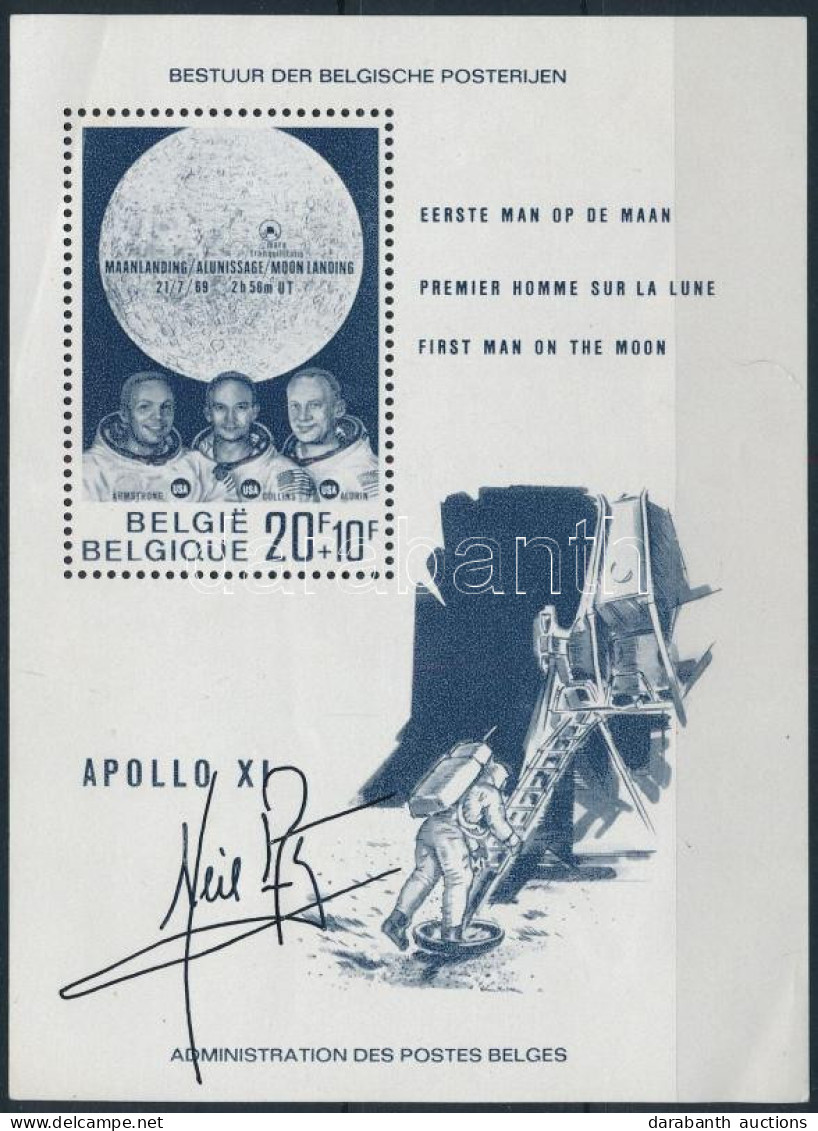 Neil Armstrong (1930-2012), Amerikai űrhajós Aláírása Belga Holdraszállás Bélyegblokkon / Signature Of Neil Armstrong (1 - Sonstige & Ohne Zuordnung