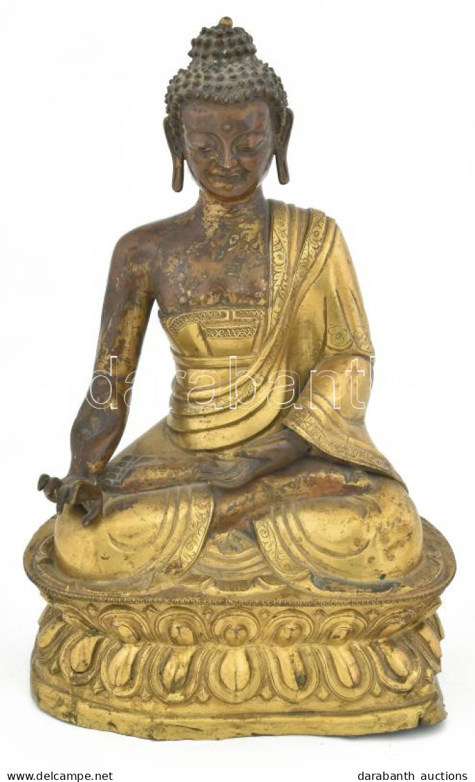 Sákjamuni Buddha. Tibet, 19. Sz Vége, Aranyozott Rézlemez, Sérült, Hiányos, M: 26 Cm - Other & Unclassified