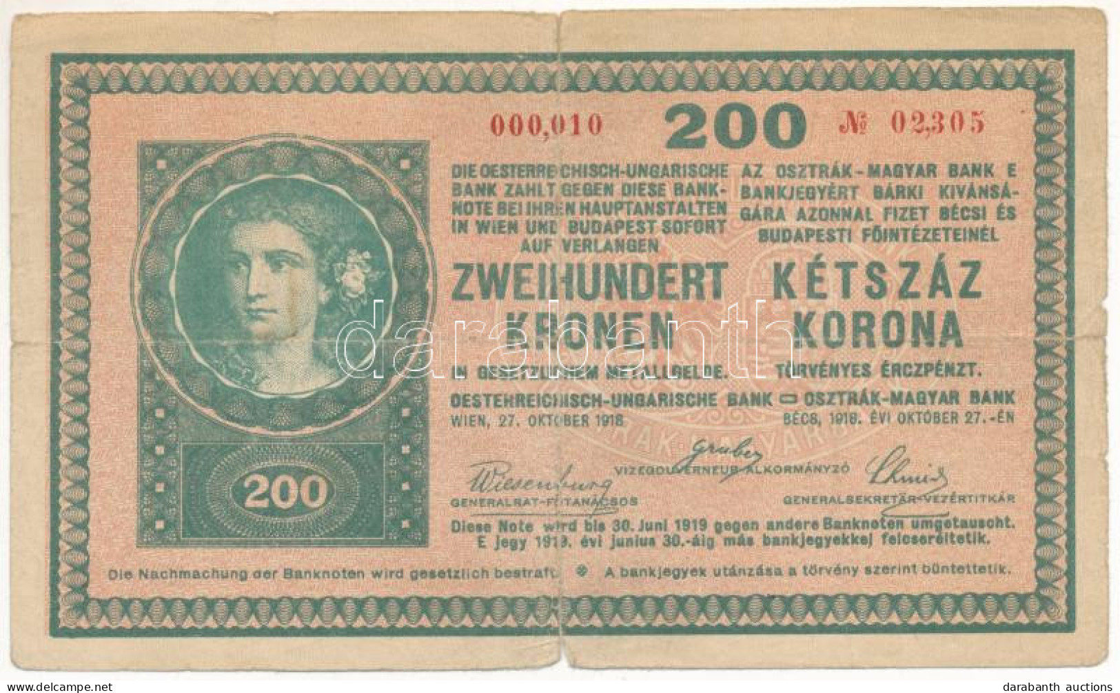 1918. 200K "000,010", Hullámos Hátlappal T:VG Szakadás / Hungary 1918. 200 Korona "000,010", With Wavy Pattern On The Ba - Non Classés