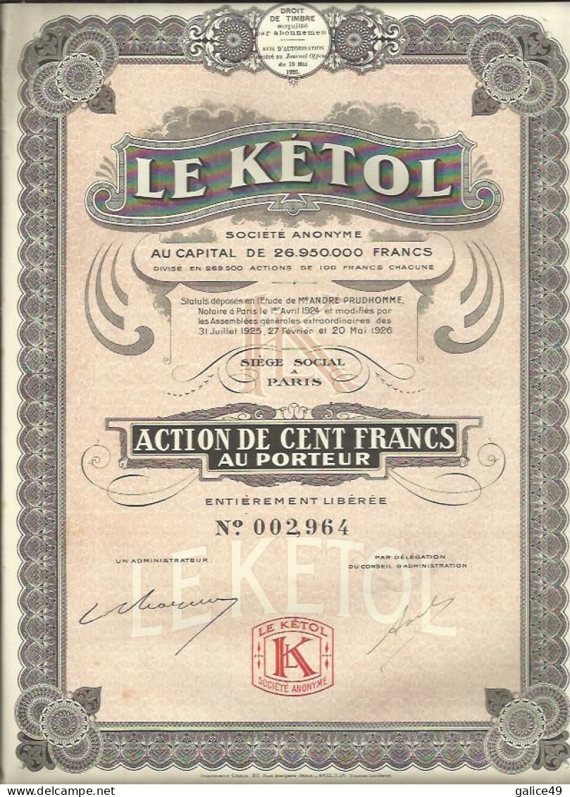 Action 20 - Pétrole Le Kétol - 100 Francs 1926 - Petrolio