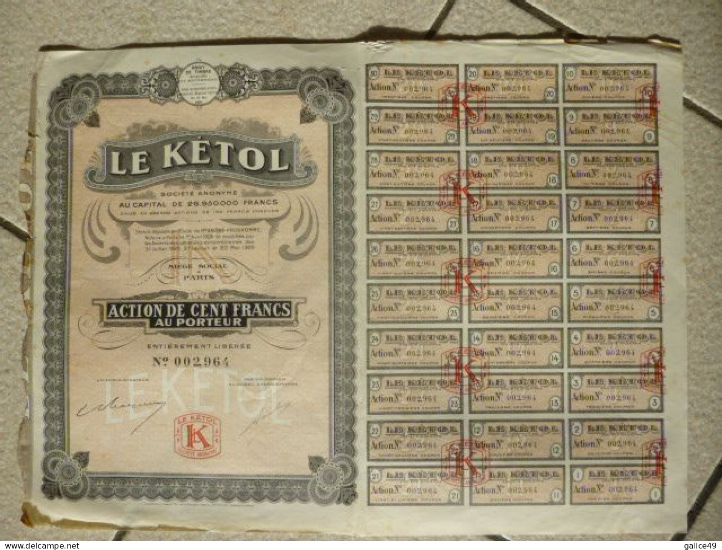Action 20 - Pétrole Le Kétol - 100 Francs 1926 - Erdöl