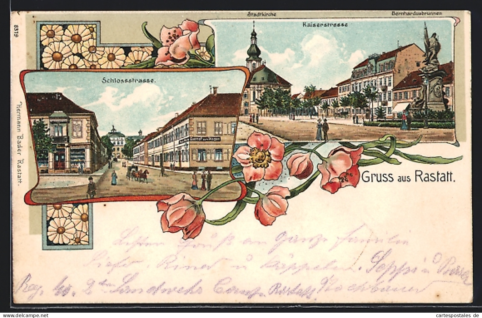 Lithographie Rastatt, Schlossstrasse Mit Gasthof Zum Wagen, Kaiserstrasse Mit Stadtkirche Und Berhardusbrunnen  - Rastatt