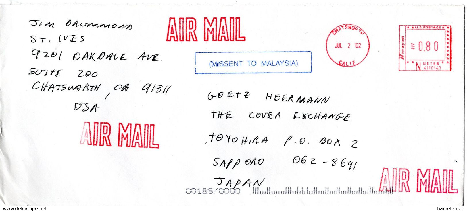 L77193 - USA - 2002 - $0,80 Freistpl A LpBf CHATSWORTH CA -> Japan, M Stpl "MISSENT TO MALAYSIA" - Cartas & Documentos