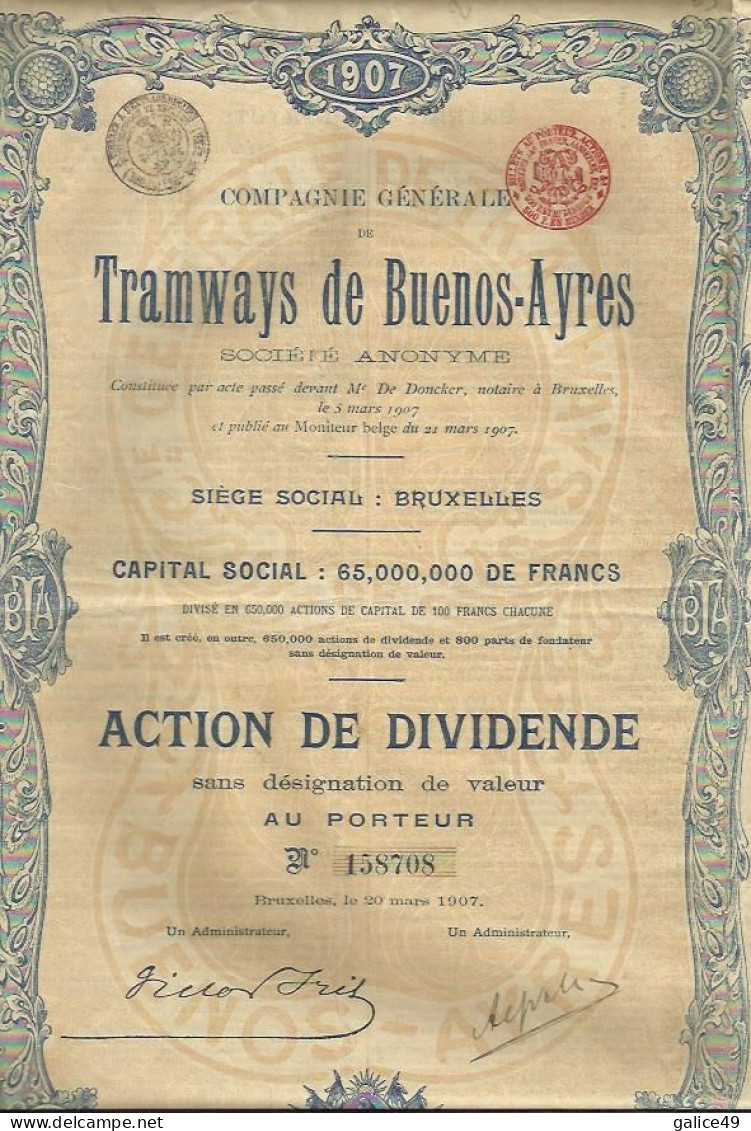 Action 16 - Tramways De Buenos Ayres - Sans Désignation De Valeur 1907 - Trasporti