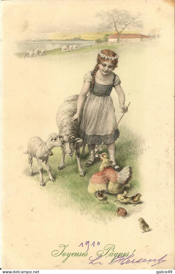 3041 CPA Fillette, Poule, Poussins Et Moutons - Joyeuses Pâques 1910 - Scènes & Paysages