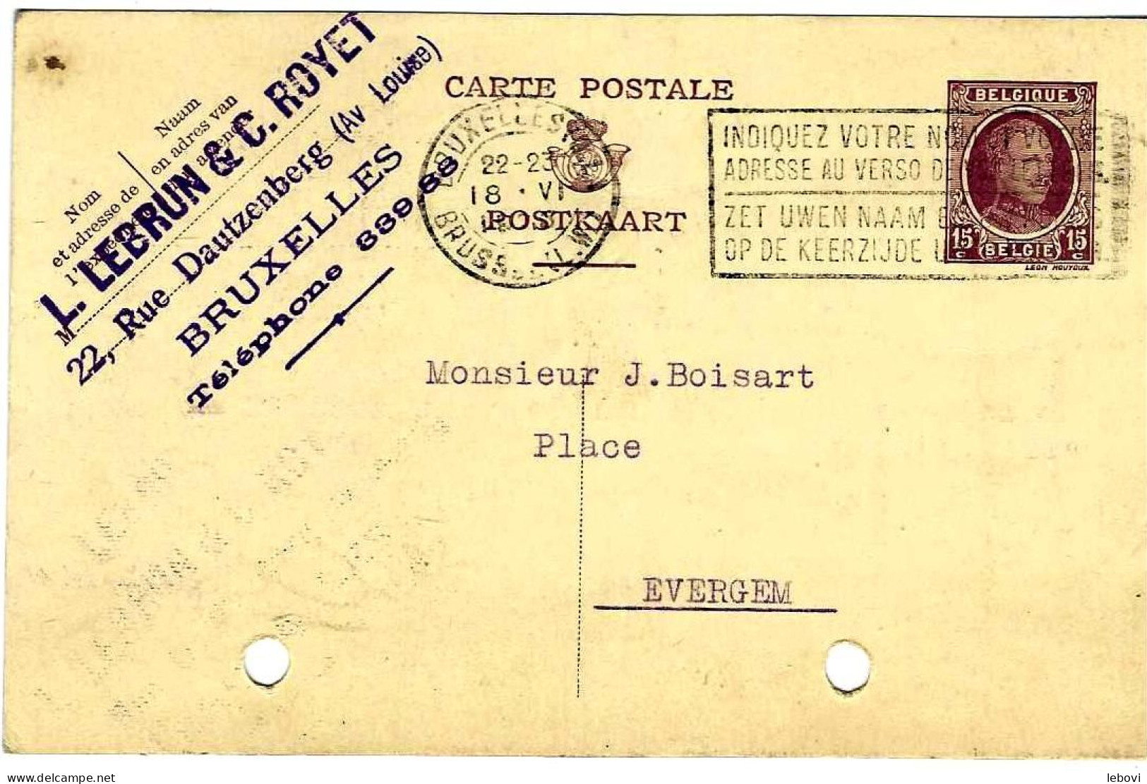 Carte Postale Pré Imprimée – Type Houyoux 15 Centimes (1924) - Briefkaarten 1909-1934