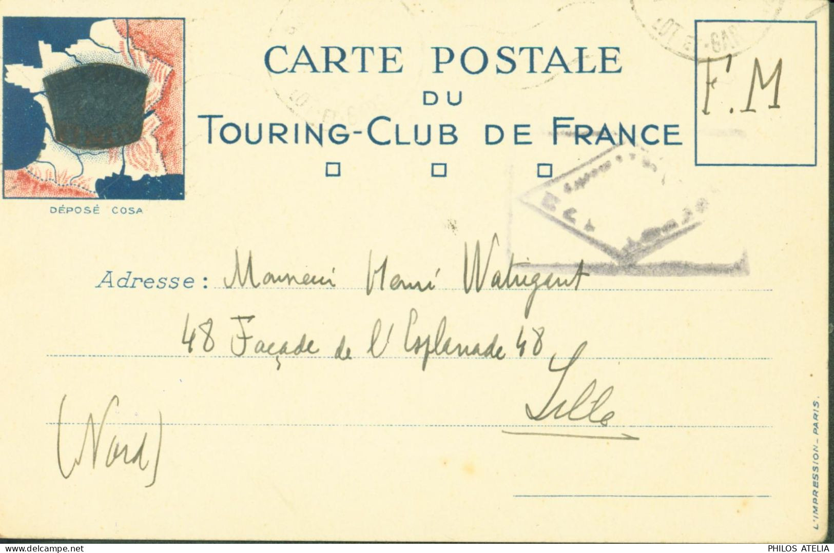 Guerre 40 Carte FM Franchise Militaire Touring Club De France Sigle Caviardé CAD Partiel Lot Et Garonne 1 7 40 - 2. Weltkrieg 1939-1945