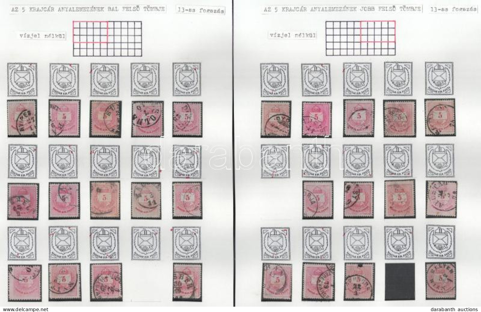 O Lemezrekonstrukciók: 56 Db 1874-es Színesszámú 5kr 4 Albumlapon Feldolgozva, Lemezhibák Jelölve / Plate Reconstruction - Altri & Non Classificati