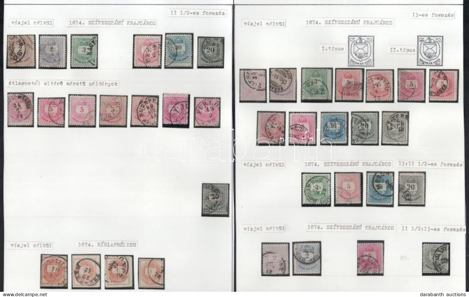 O 1874 38 Db Krajcáros Bélyeg 2 Albumlapon Feldolgozva: Klf Méretek és Fogazások / 1874 38 Stamps On 2 Album Pages: Size - Autres & Non Classés