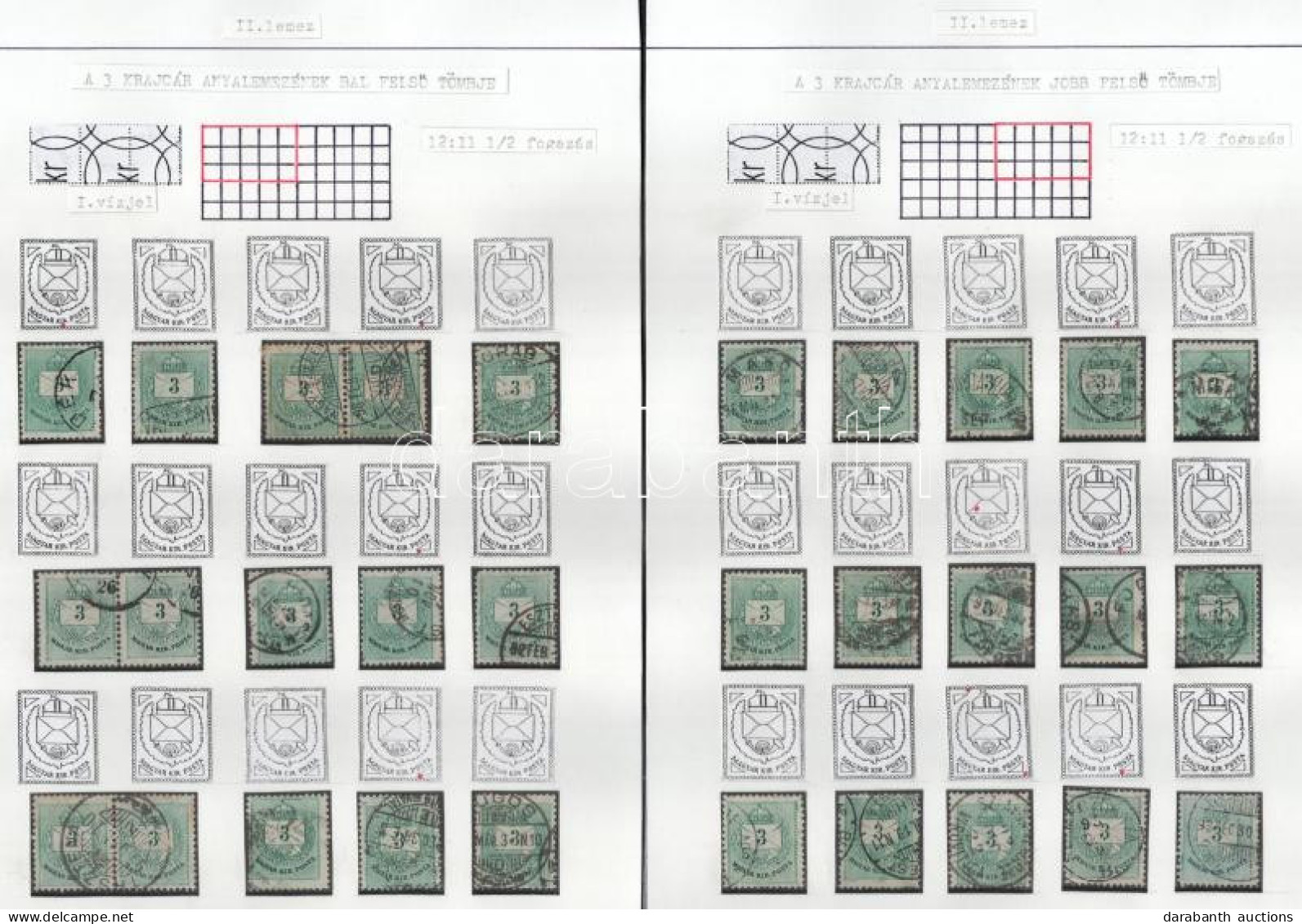 O Lemezrekonstrukciók: 62 Db 1881-es 3kr 4 Albumlapon Feldolgozva, Lemezhibák Jelölve / Plate Reconstruction: 62 X 1881  - Other & Unclassified