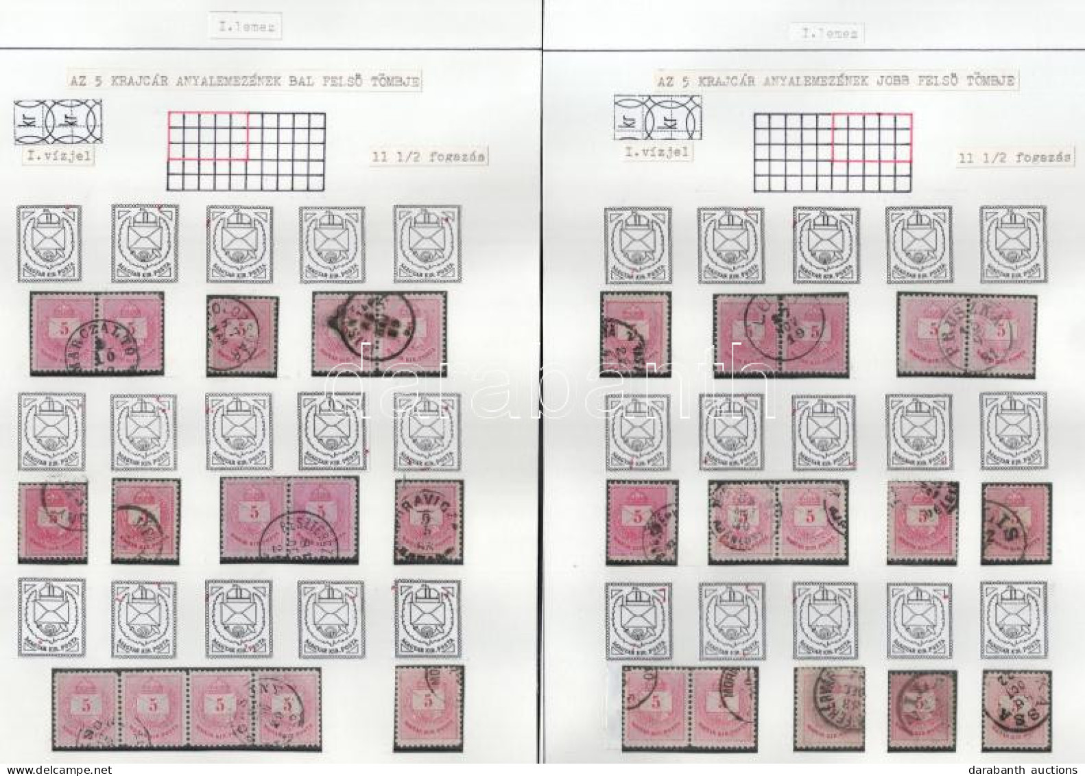 O Lemezrekonstrukciók: 64 Db 1881-es 5kr 4 Albumlapon Feldolgozva, Lemezhibák Jelölve / Plate Reconstruction: 64 X 1881  - Altri & Non Classificati