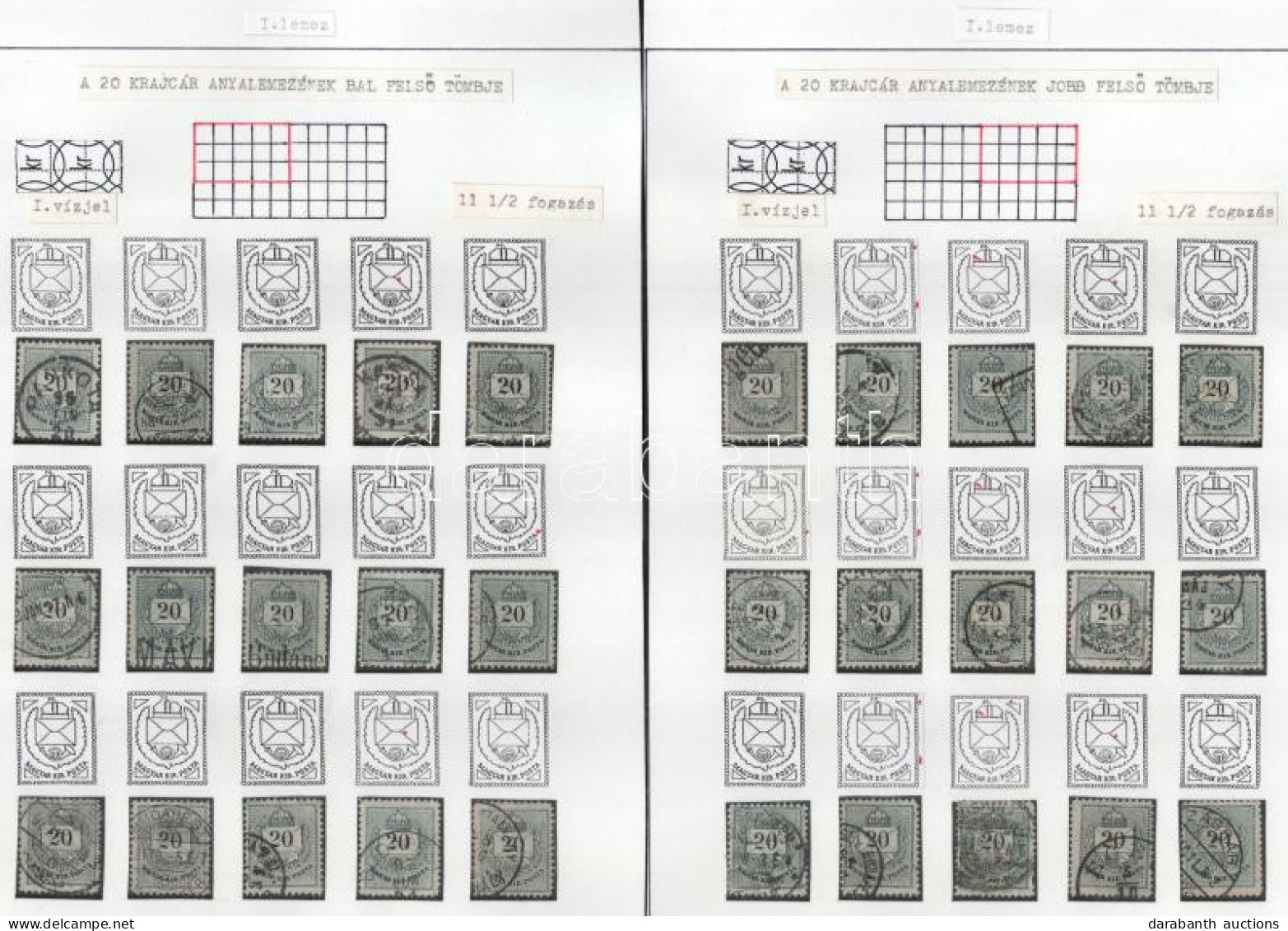 O Lemezrekonstrukciók: 61 Db 1881-es 20kr 4 Albumlapon Feldolgozva, Lemezhibák Jelölve / Plate Reconstruction: 61 X 1881 - Andere & Zonder Classificatie