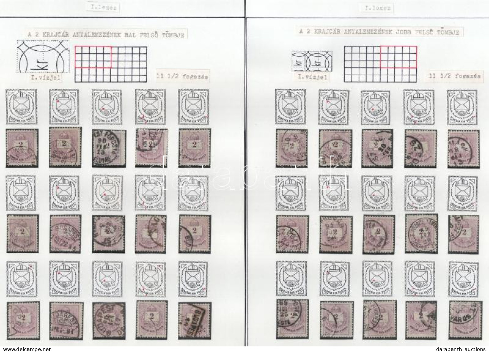 O Lemezrekonstrukciók: 62 Db Színesszámú 2kr 4 Albumlapon Feldolgozva, Lemezhibák Jelölve / Plate Reconstruction: 62 X 1 - Altri & Non Classificati