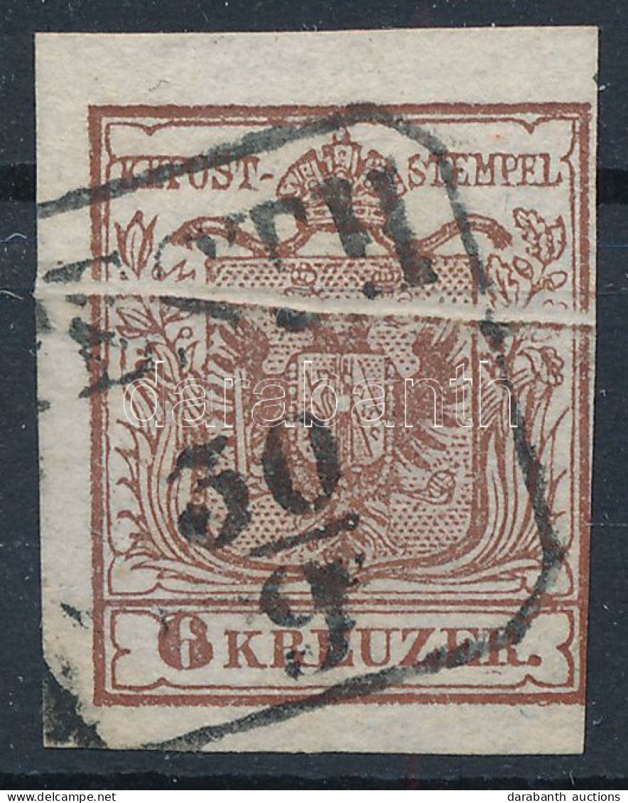 O 1850 6kr HP I. Vörösbarna, Látványos Papírránccal / Reddish Brown, With Paper Crease "(P)ESTH" - Autres & Non Classés