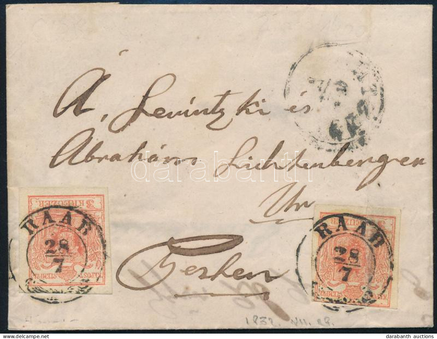 1852 2 X 3kr Levélen (egyik Bélyeg Hajtott) / On Cover (1 Stamp Is Folded) "RAAB" - Pest - Autres & Non Classés