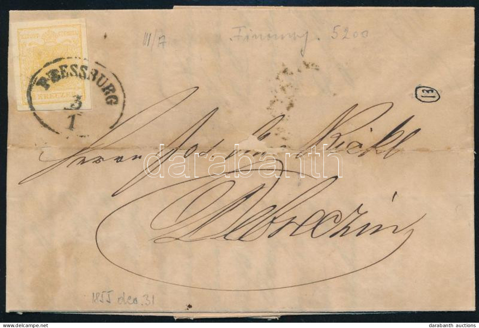 1855 1kr Sárga, Nyomtatványon (58.000) / 1kr Yellow On Printed Matter "PRESSBURG" - Debreczin - Altri & Non Classificati