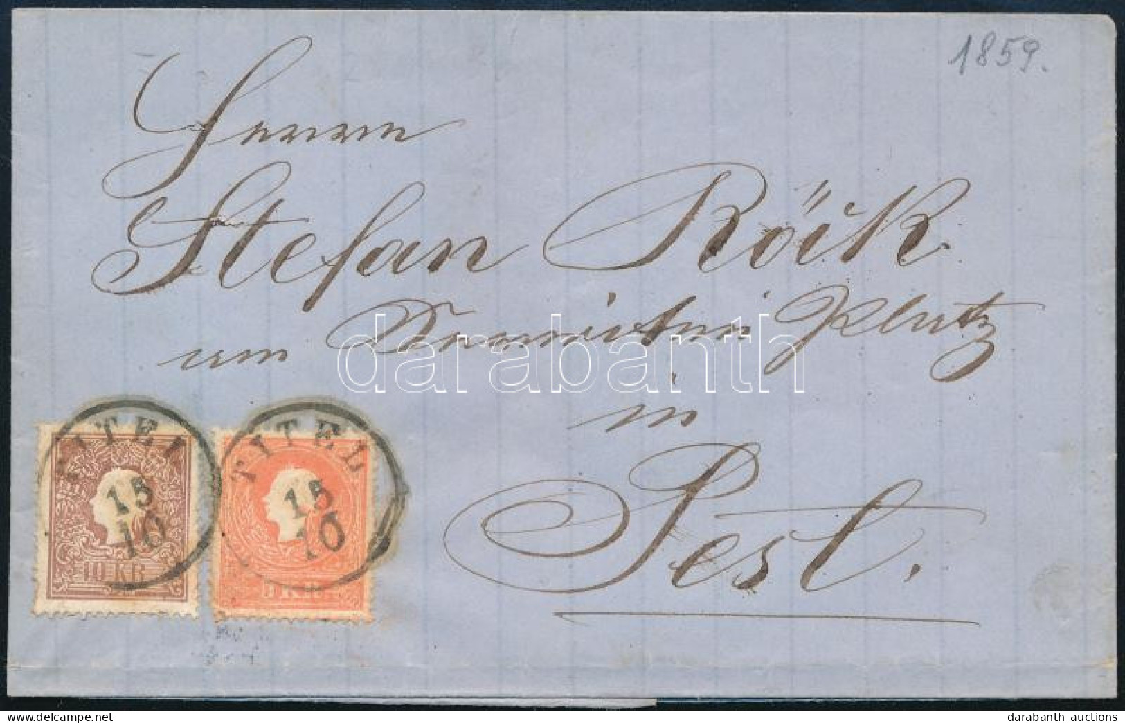 1859 5kr Festékfolttal + 10kr II. Levélen / On Cover, 5kr With Paint Spots "TITEL" - Pest - Autres & Non Classés