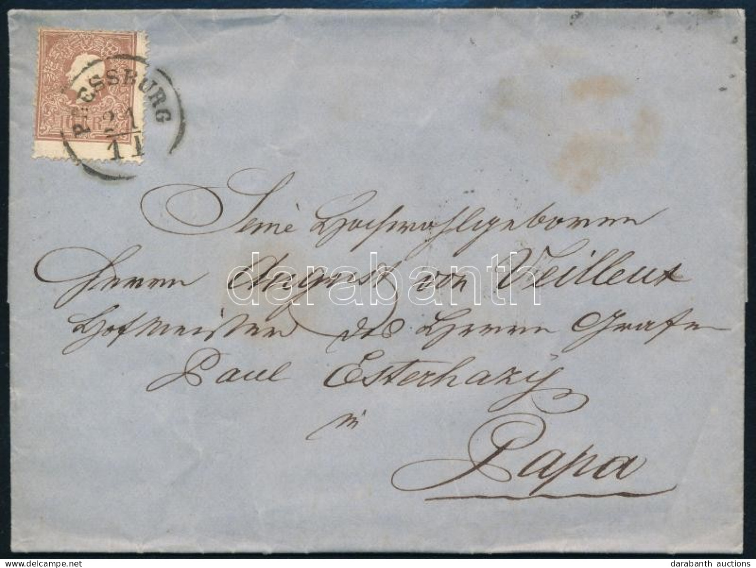 1860 10kr II Elfogazott Bélyeg Levélen / With Shifted Perforation On Cover "PRESSBURG" - "RAAB" - Pápa - Autres & Non Classés