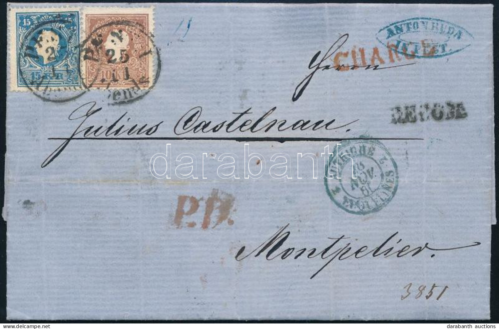 1860 Ajánlott Levél Franciaországba 10kr + 15kr Bérmentesítéssel, A Hátoldali Bélyegek (21kr) Hiányoznak / Registered Co - Other & Unclassified