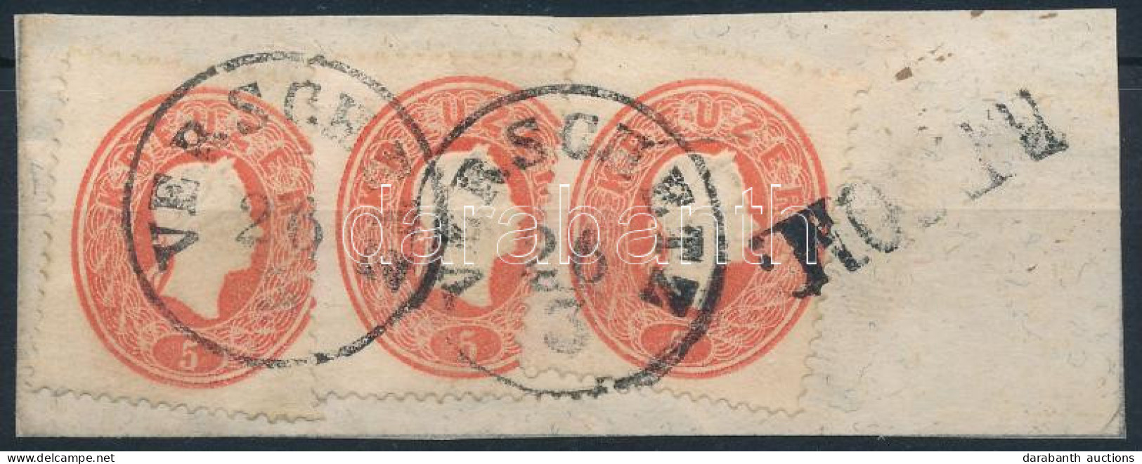 1861 3 X 5kr Lépcsőzetesen Felragasztva Kivágáson / On Cutting "VERSCHETZ" + "RECOM" - Autres & Non Classés