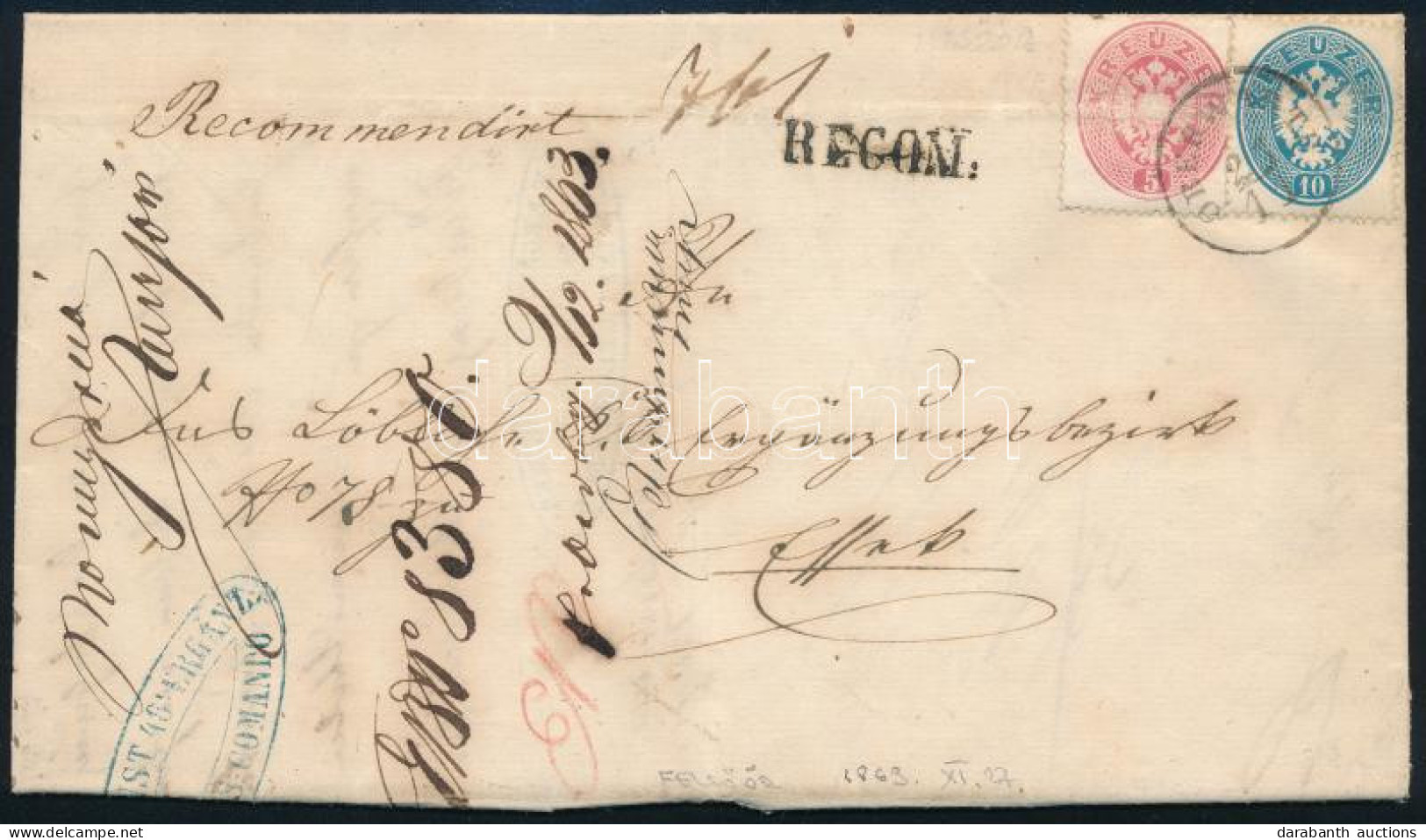 1863 5kr + 10kr Ajánlott Levélen (hajtottak) / 5kr + 10kr On Registered Cover (folded) "OBERWARTH" - Autres & Non Classés