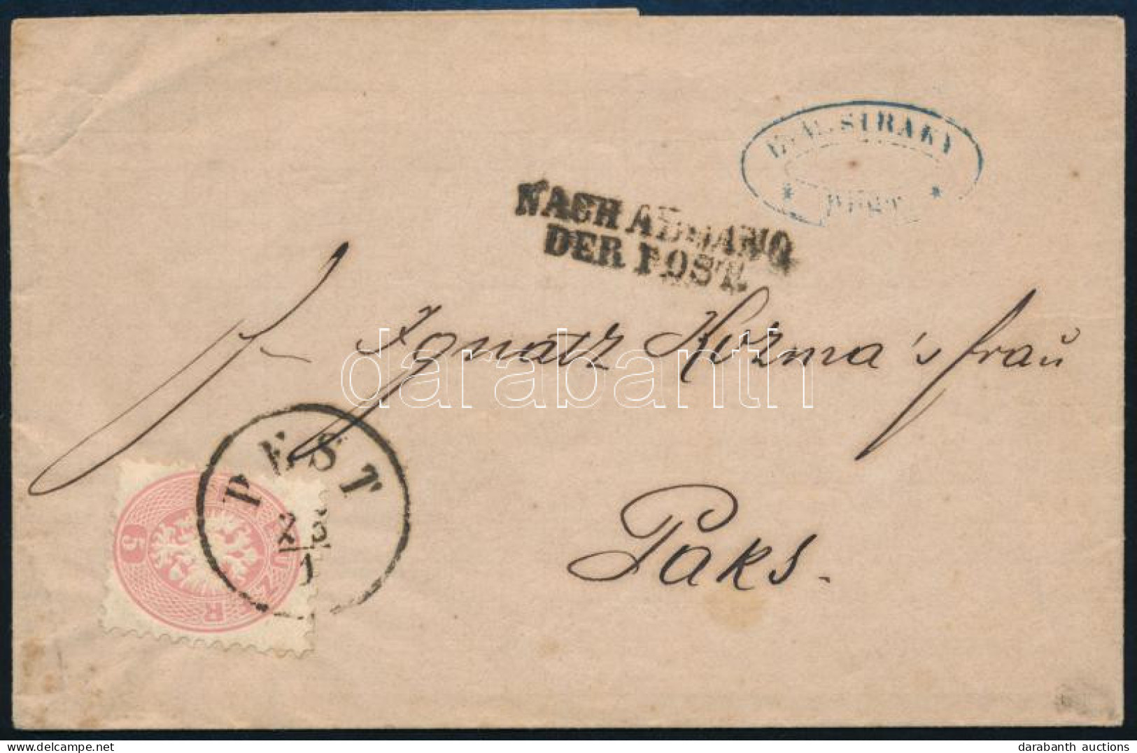 ~1864 5kr Levélen / On Cover "PEST" + "NACH ABGANG DER POST" - Paks - Autres & Non Classés