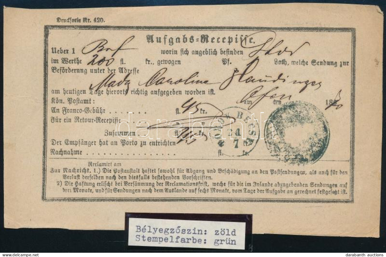 ~1870 Aufgabs Recepisse, Kék / Blue "TÖRÖK BECSE" - Sonstige & Ohne Zuordnung