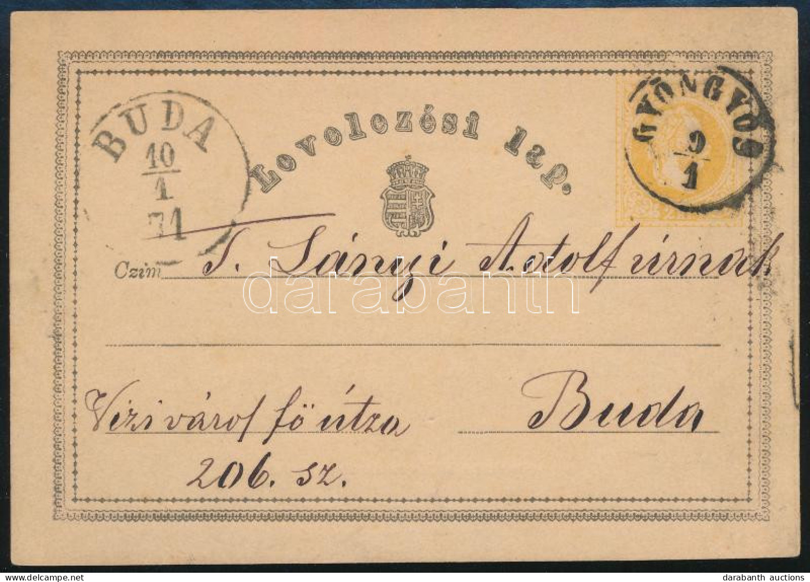 1871 2kr Díjjegyes Levelezőlap / PS-card "GYÖNGYÖS" - Buda - Andere & Zonder Classificatie