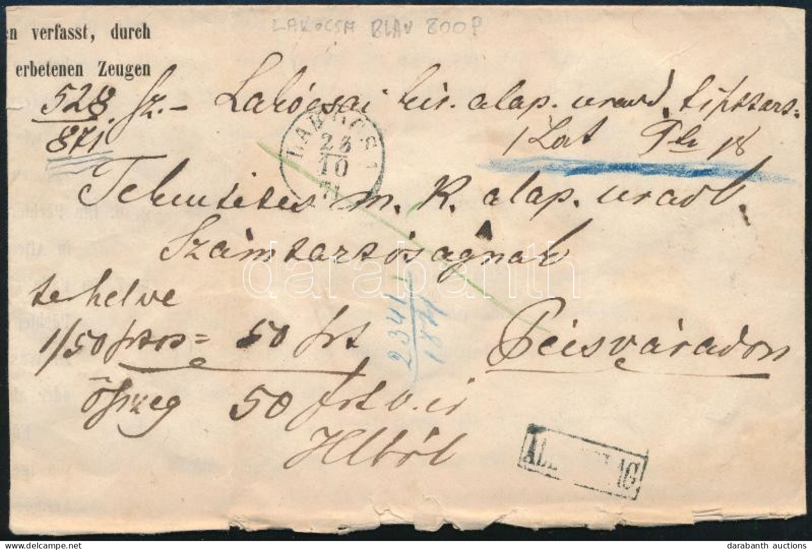 1871 Értéklevél 50Ft-ról / Insured Cover, Kék / Blue "LAKOCSA" (Gudlin 800 P) - Pécsvárad - Other & Unclassified