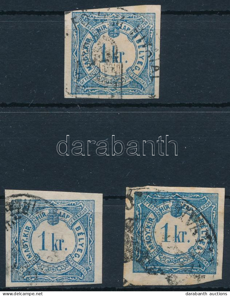 O 1868 3 Db Hírlapilleték Bélyeg 1kr Vízjel Részlettel / 3 X Newspaper Duty Stamp 1kr With Watermark - Altri & Non Classificati