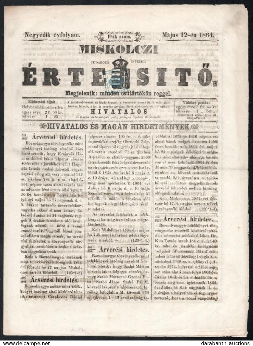 1858 Hírlapilletékbélyeg 1kr 1864-es Miskolci értesítőn / Newspaper Duty Stamp 1kr On Newspaper - Sonstige & Ohne Zuordnung