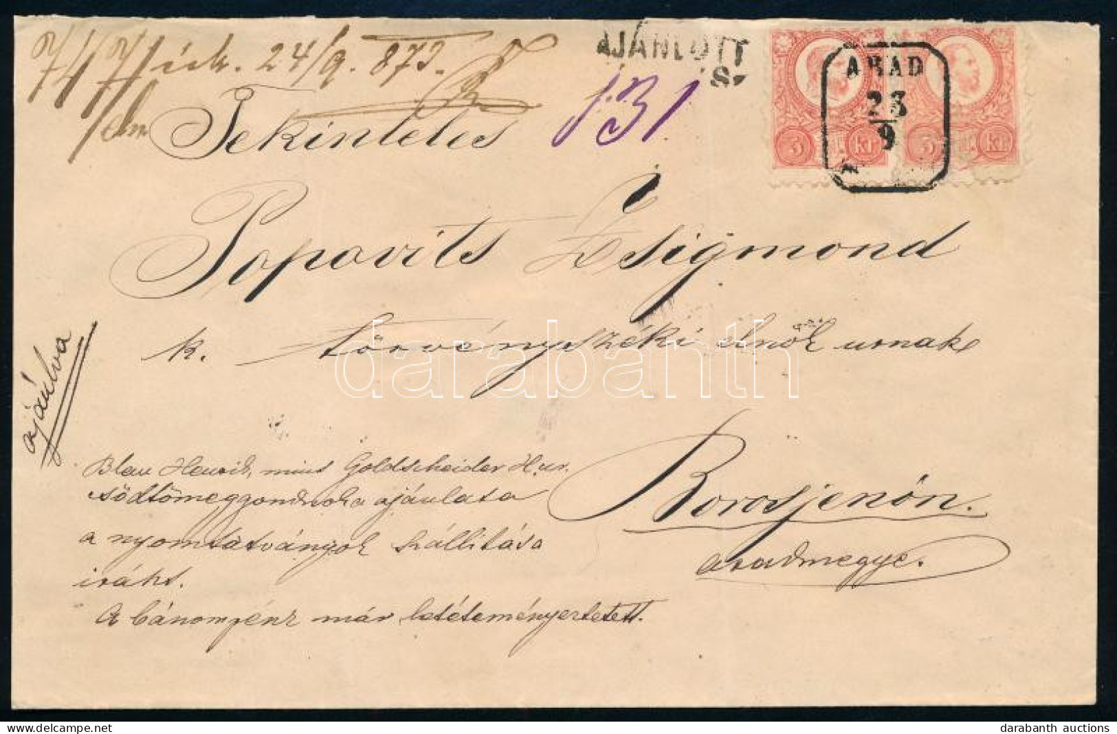 1872 4 Db Réznyomat 5kr Ajánlott Levélen "ARAD" - Borosjenő (1 Bélyeg Sérült / 1 Stamp Damaged) - Other & Unclassified