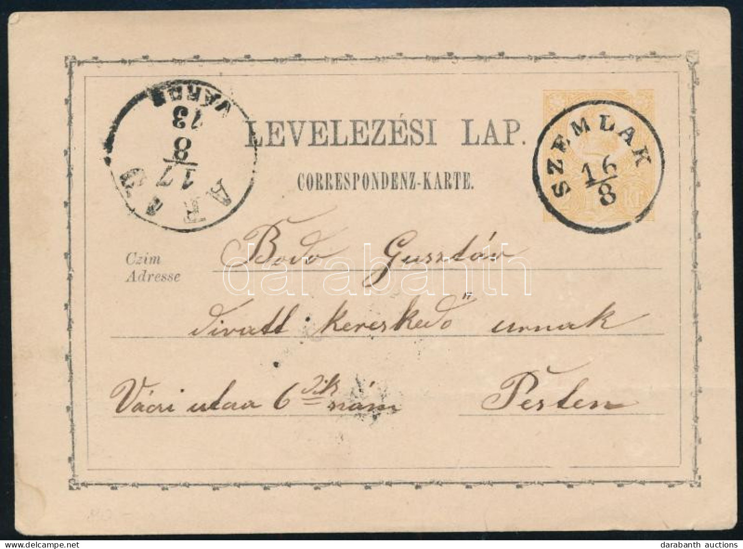 1873 2kr Díjjegyes Levelezőlap / PS-card "SZEMLAK" - Pest - Sonstige & Ohne Zuordnung