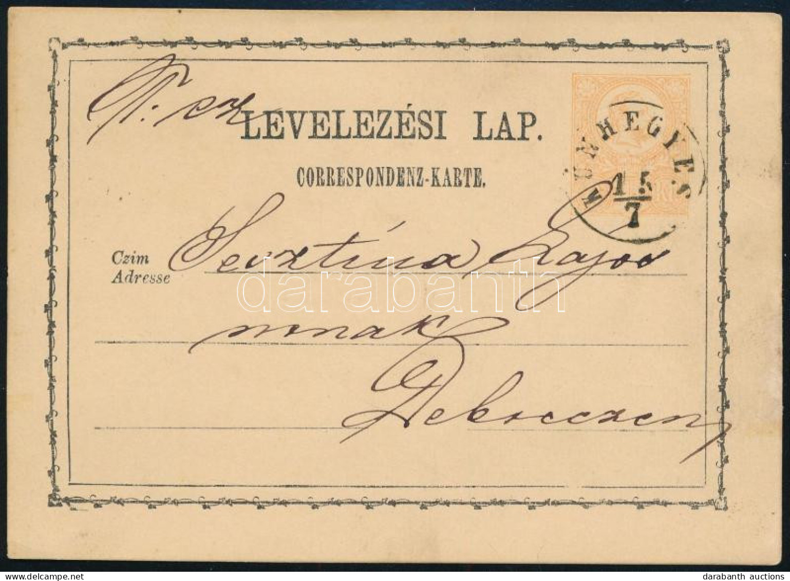 1874 2kr Díjjegyes Levelezőlap / PS-card "KUNHEGYES" - Debrecen - Autres & Non Classés
