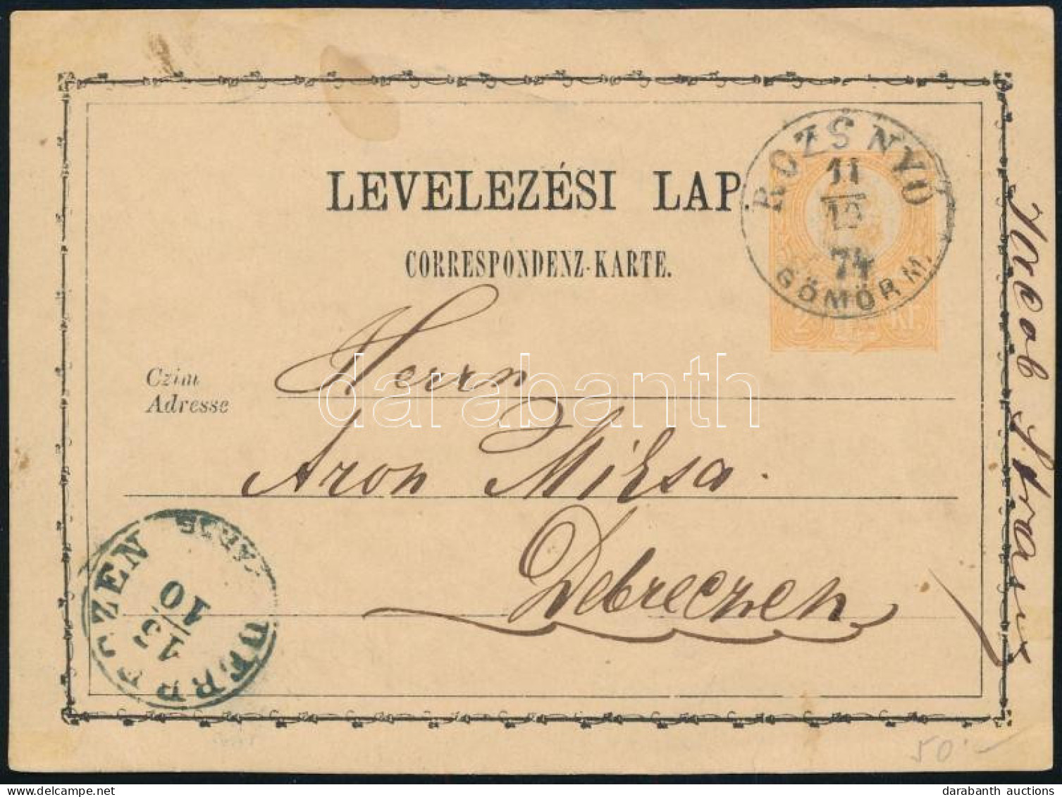 1874 2kr Díjjegyes Levelezőlap / PS-card "ROZSNYÓ / GÖMÖR M." - "DEBRECZEN" - Sonstige & Ohne Zuordnung