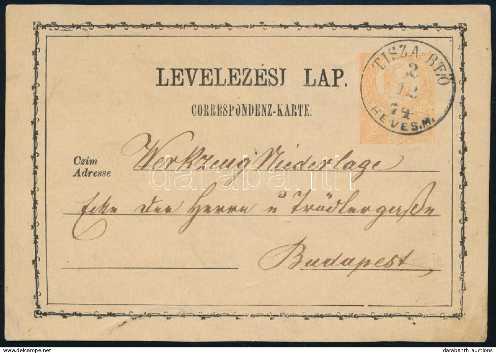 1874 2kr Díjjegyes Levelezőlap / PS-card "TISZA-BEŐ / HEVES. M." - Budapest - Other & Unclassified