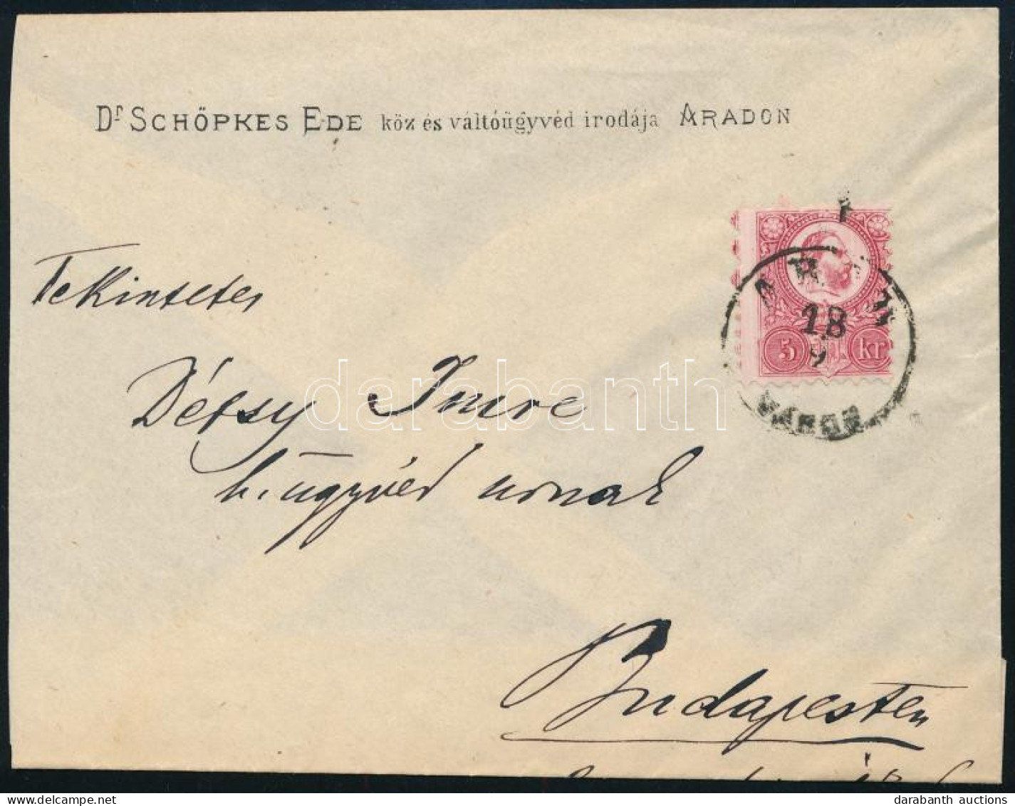 1874 Elfogazott 5kr Kármin Levélen / 5kr Carmine With Shifted Perforation On Cover "ARAD / VÁROS" - Budapest - Sonstige & Ohne Zuordnung