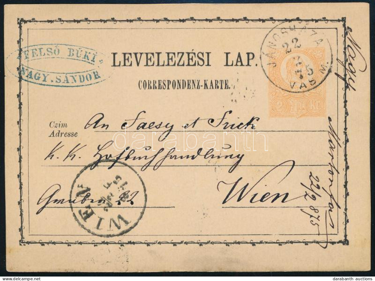 1875 2kr Díjjegyes Levelezőlap / PS-card "JÁNOSHÁZA / VAS M." - "WIEN" - Other & Unclassified